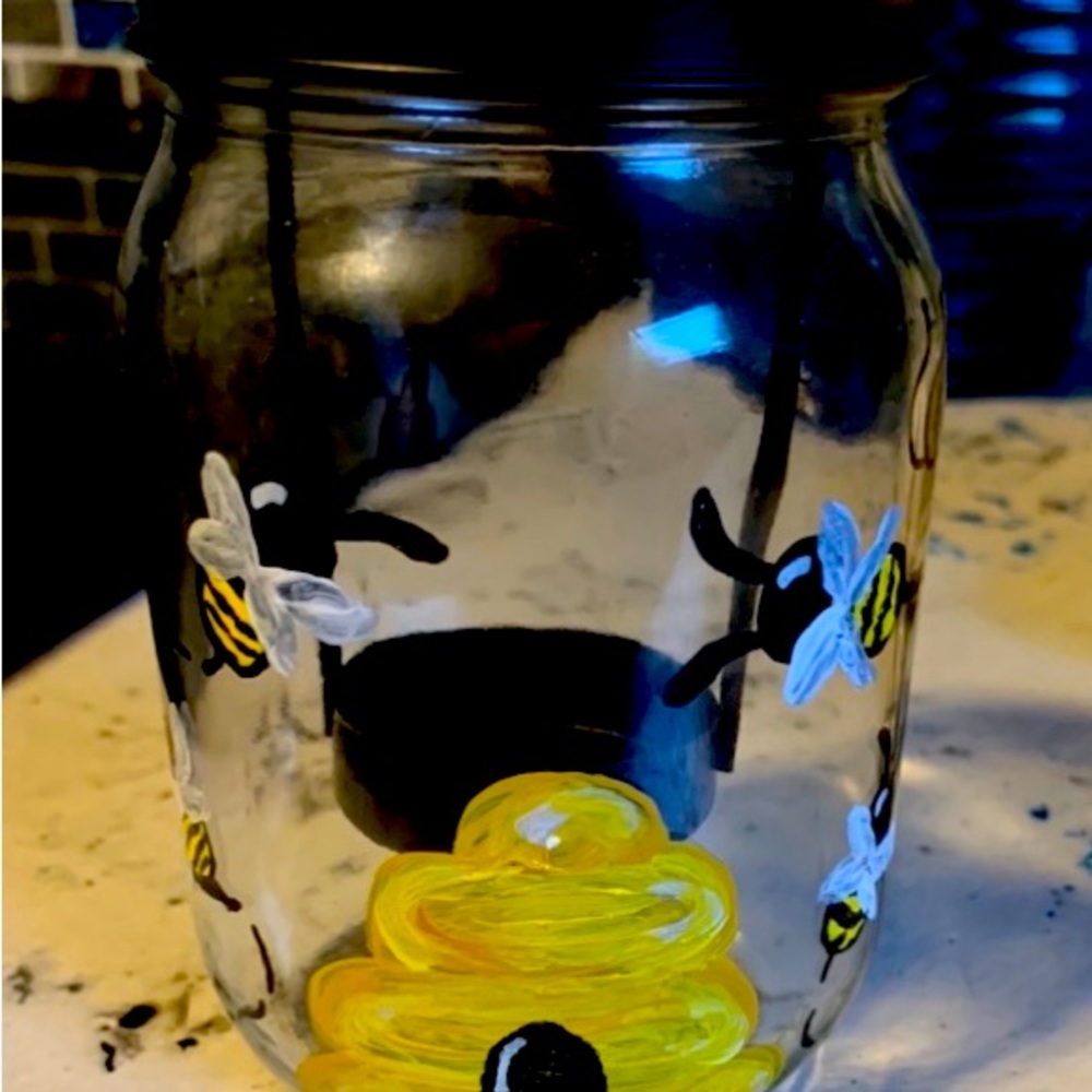 Hand painted mason jar with tea light holder